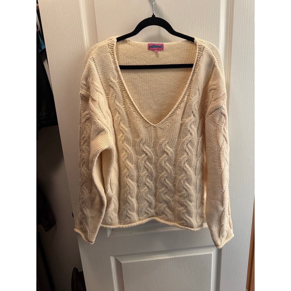 Edikted Cream Cable Knit Sweater | Oversized Deep V Neck Cozy Pullover Size M